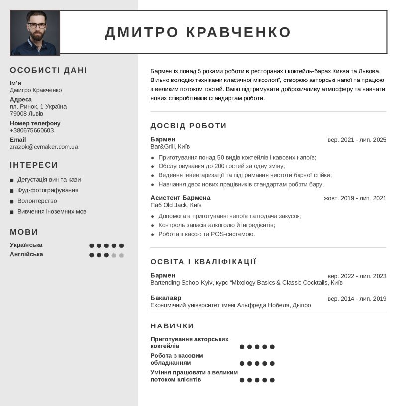 Приклад резюме бармена Приклад резюме бармена