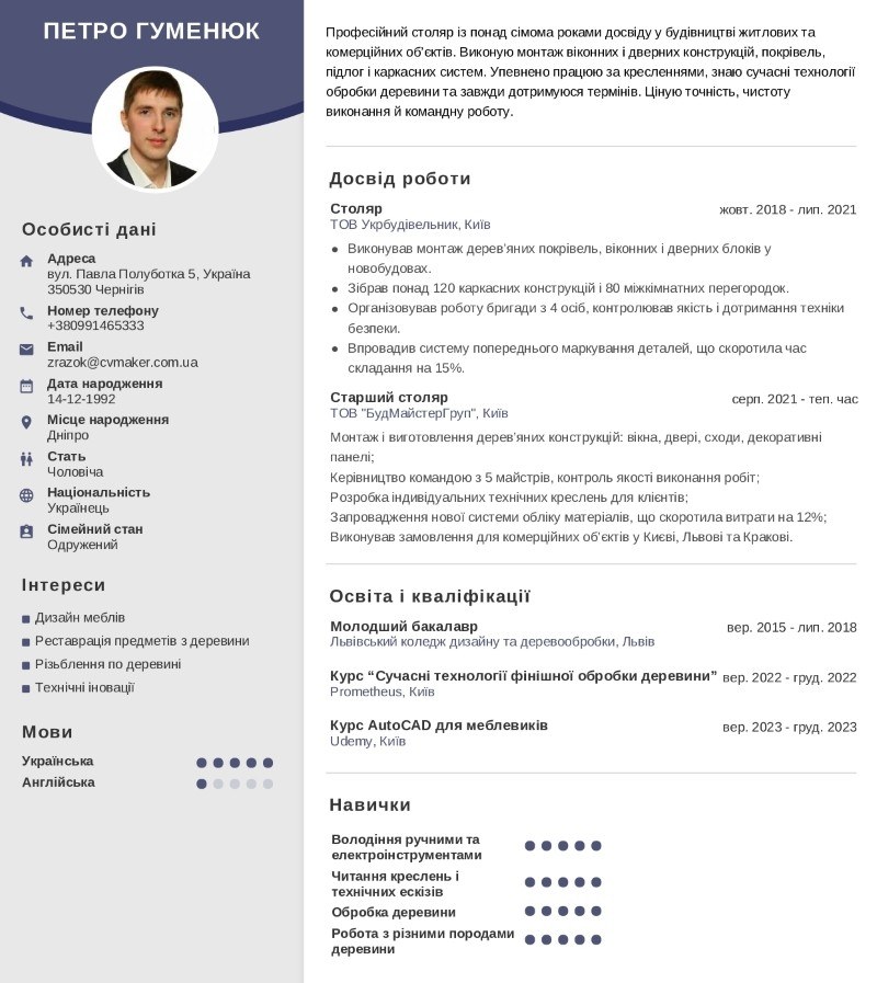 Приклад резюме столяра Приклад резюме столяра