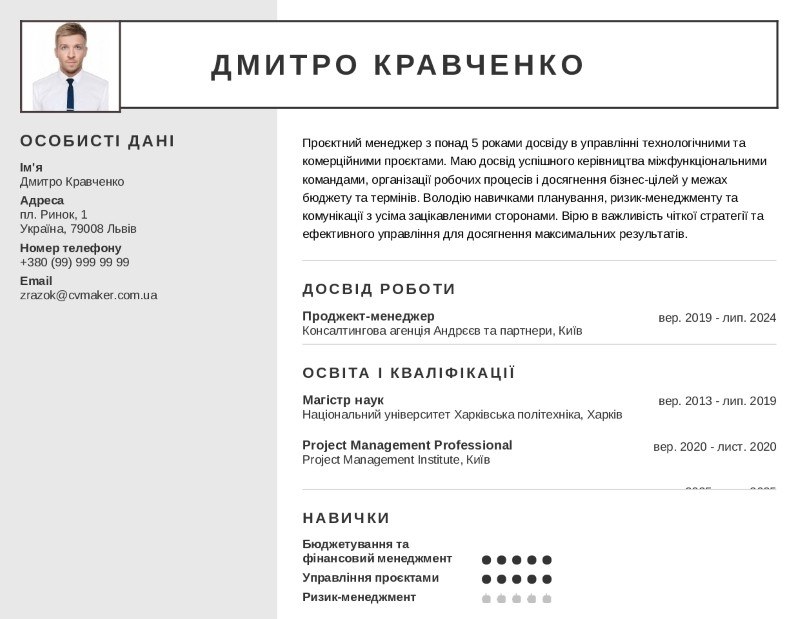 Приклад резюме project manager