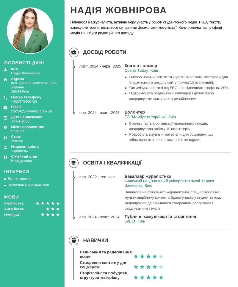 Приклад резюме студента бакалаврату