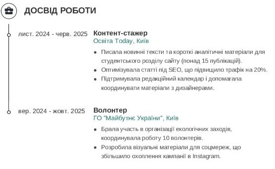 Досвід і практика приклад резюме бакалавра